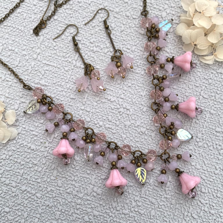 Czech Glass and Bronze Vintage Style Pink Floral Necklace Set