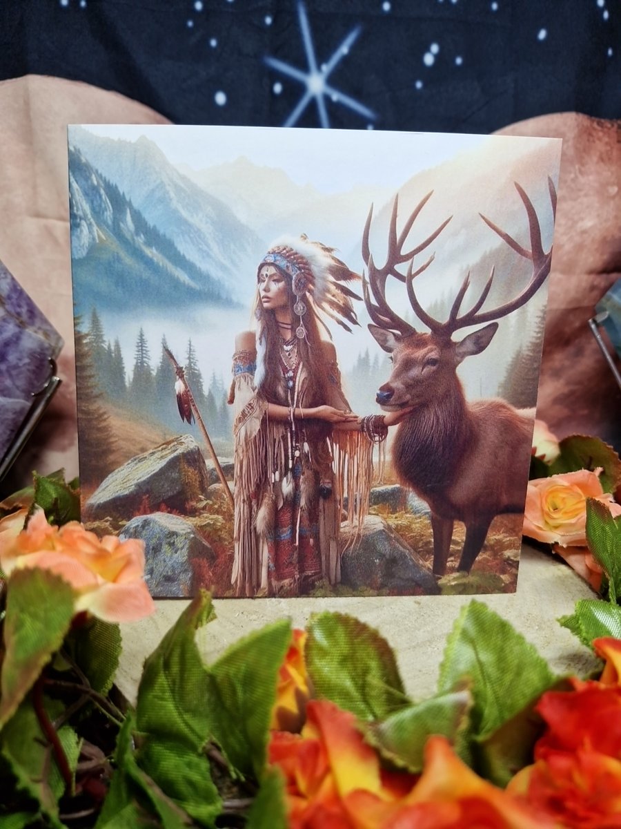 Native Indian Squaw With Spirit Animal Stag Greetings Card 