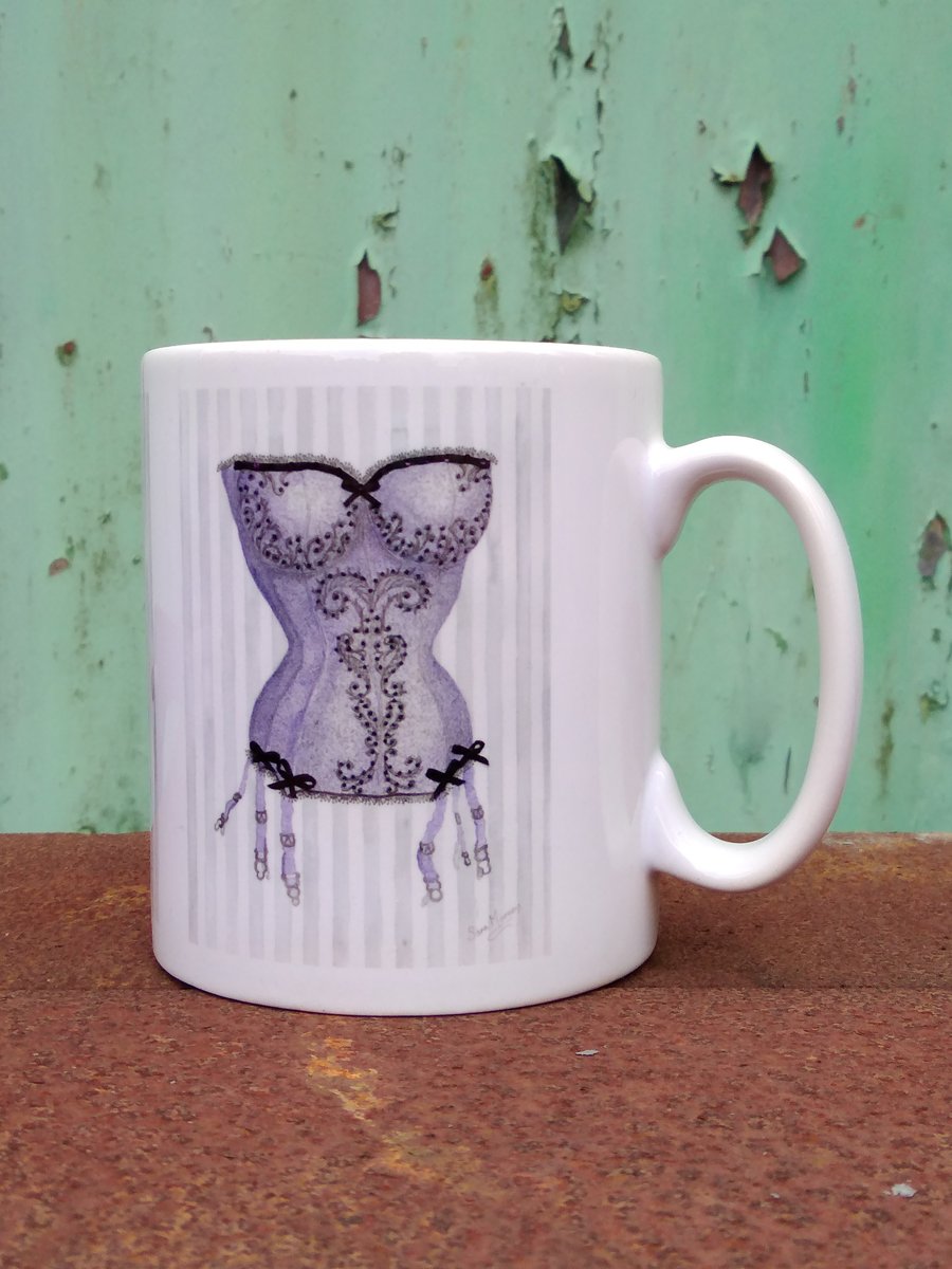 Mug printed with purple and black corset image from original painting