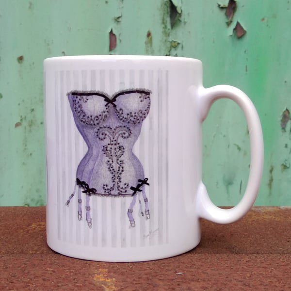 Mug printed with purple and black corset image from original painting