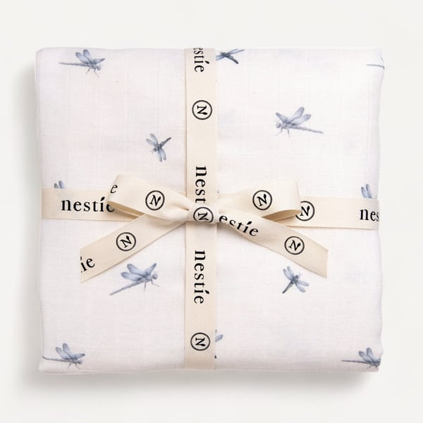 Two Layer Muslin Baby Blanket and Swaddle in our delicate Nestie Waterside Theme