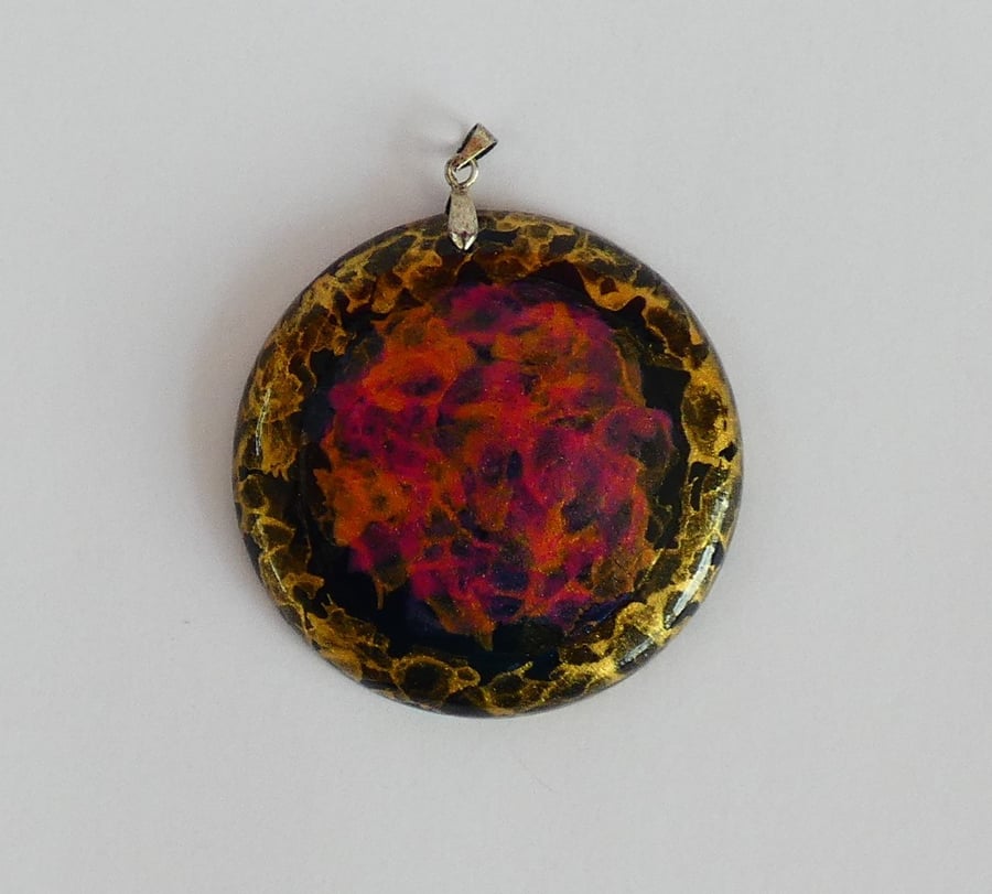 Unusual Wooden Pink, Gold and Black Painted Circle Pendant Necklace
