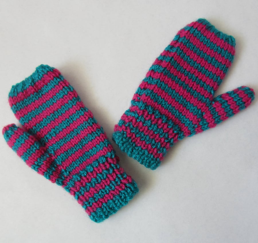 Child's Hand Knitted Pink and Jade Green Striped Mittens