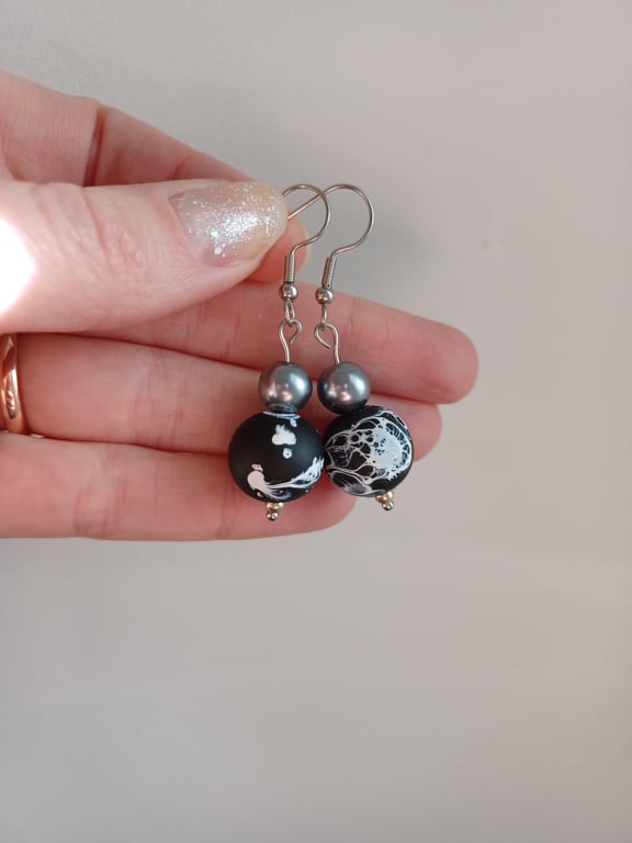 Large statement marble black and white & grey pearl bead drop earrings