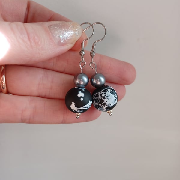 Large statement marble black and white & grey pearl bead drop earrings