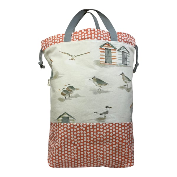 XXL drawstring knitting and crafting bag with seaside beach print