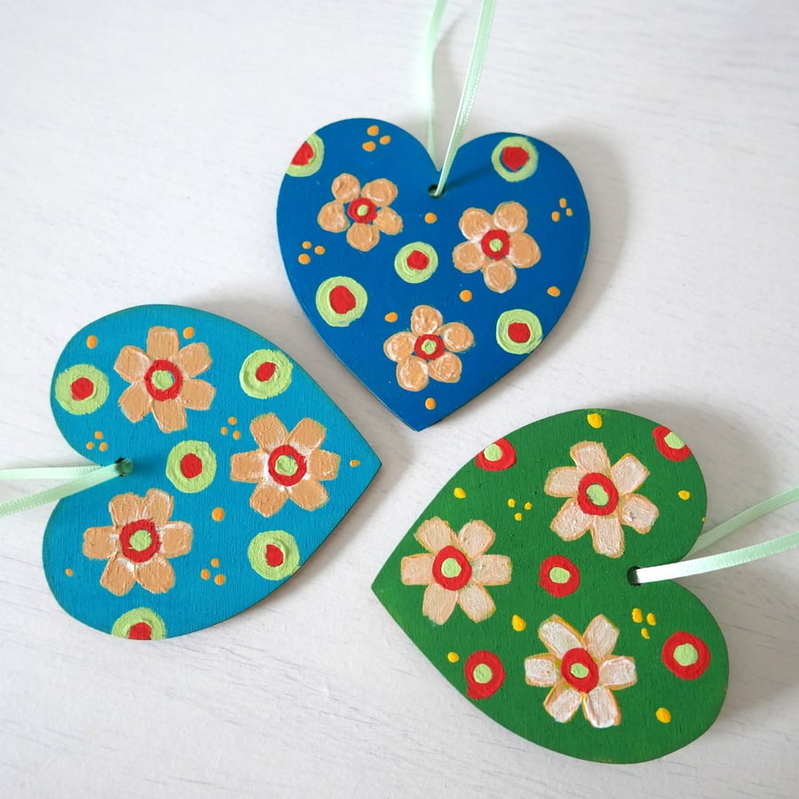 Set of Three Hanging Hearts, Hand-painted Decorations, Valentine's Day Gift