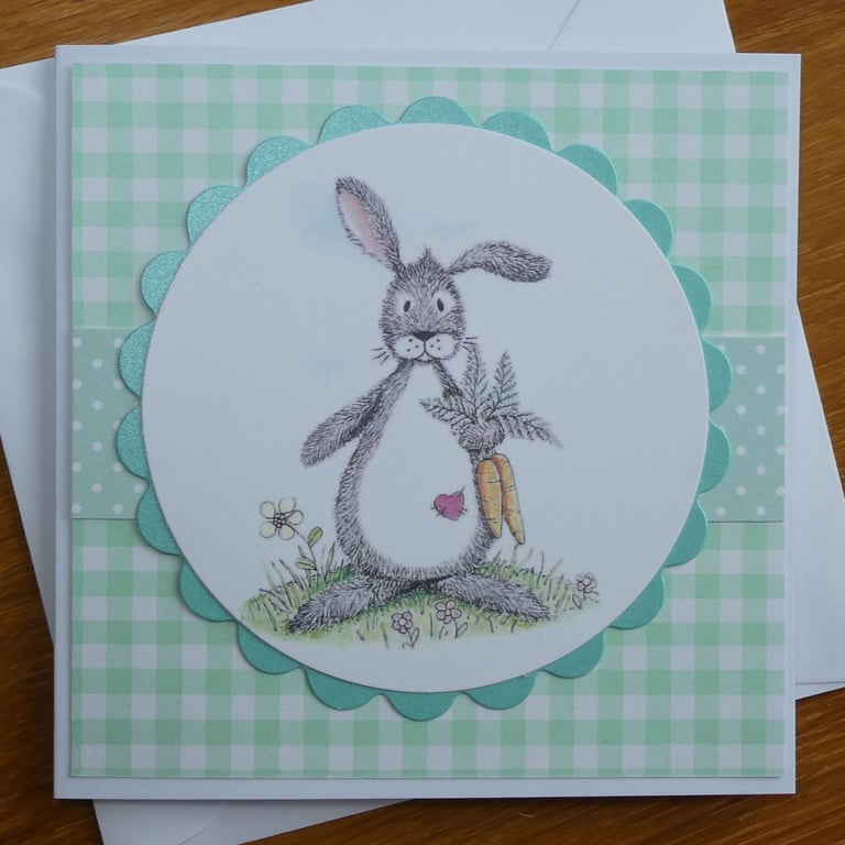Blank Card - Rabbit with Carrots - Easter, Good Luck, Birthday, Get Well