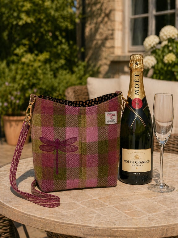 A Harris Tweed Bucket Bag with Dragonfly Embroidery
