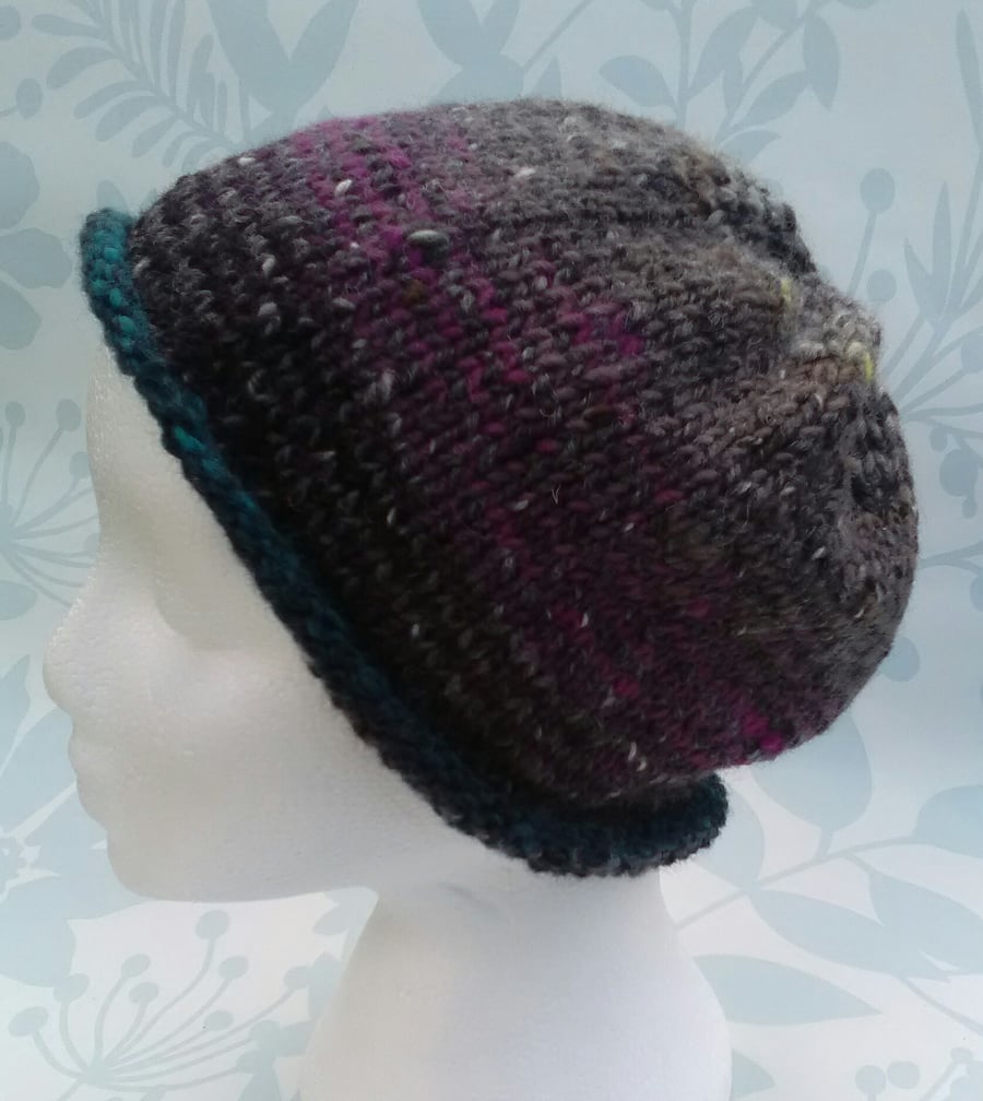Handknit Noro Tweed stripey Roll up Hat purple greys teal MED