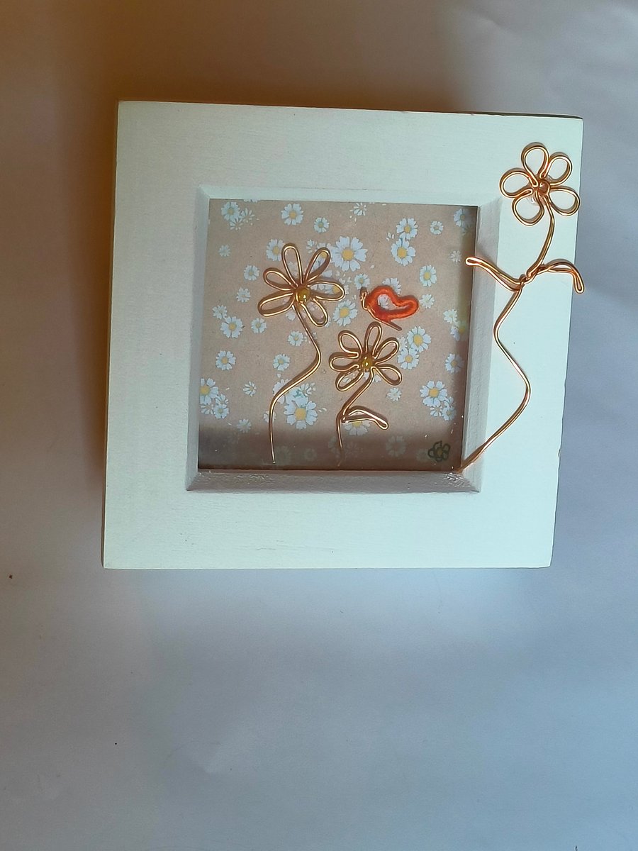 Recycled copper wire flowers and butterfly, mini frame gift