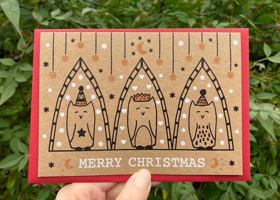 Three wise owls - Christmas greetings card