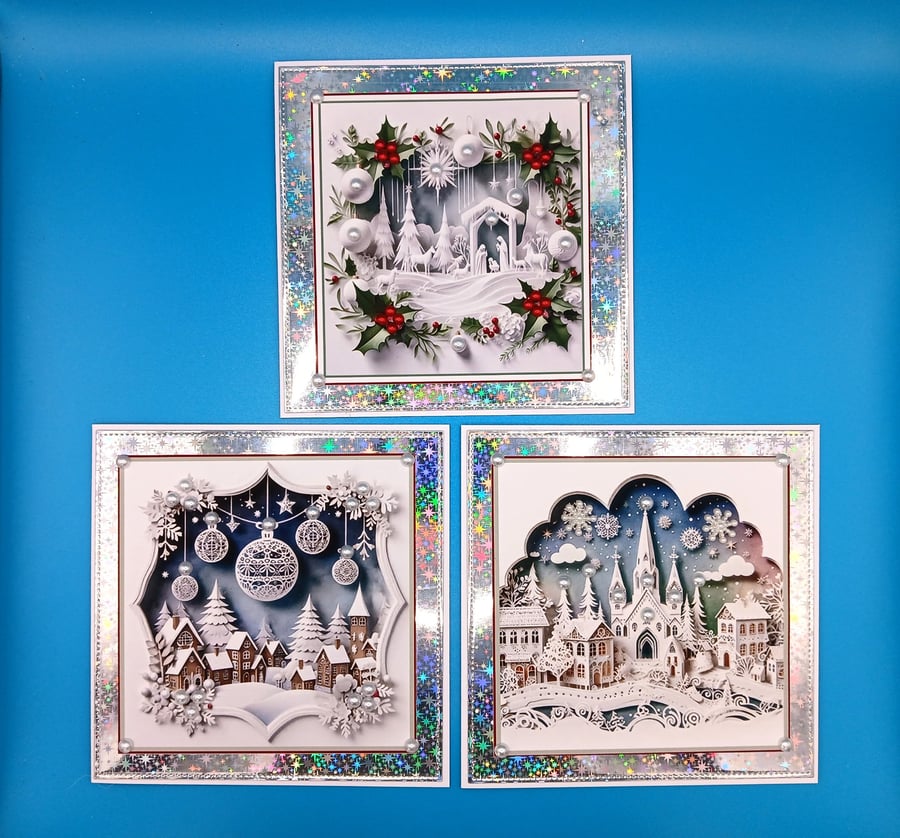Set of 3 Handmade Christmas Cards, 6x6 inches