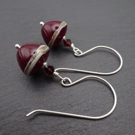 dark red lampwork glass cone earrings, sterling silver