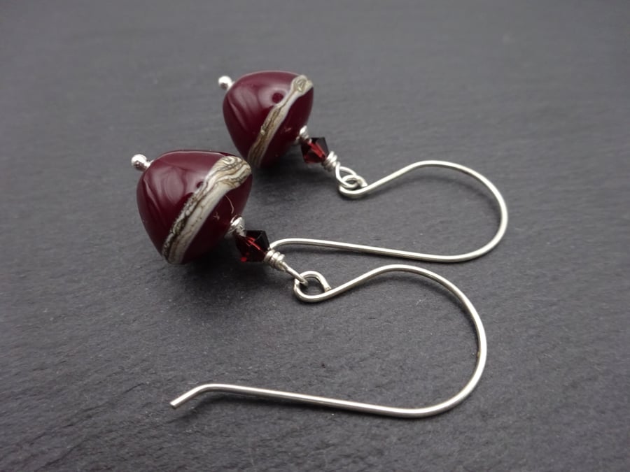 dark red lampwork glass cone earrings, sterling silver