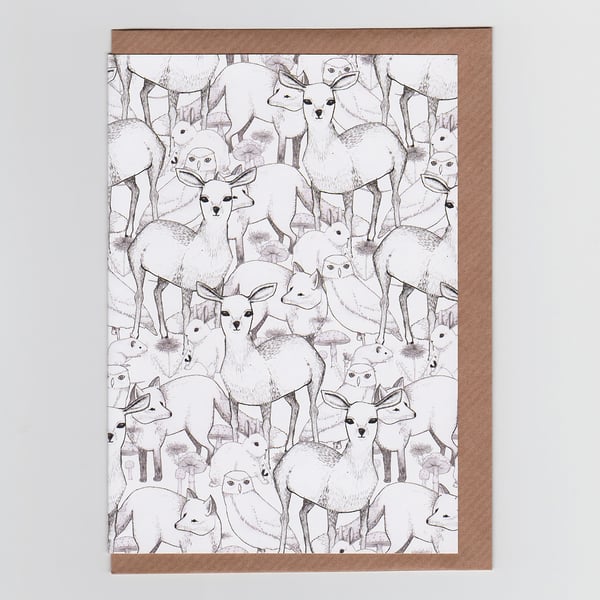 Woodland, Greetings Card with Illustrated Pattern Featuring Deers, Owls, Rabbits