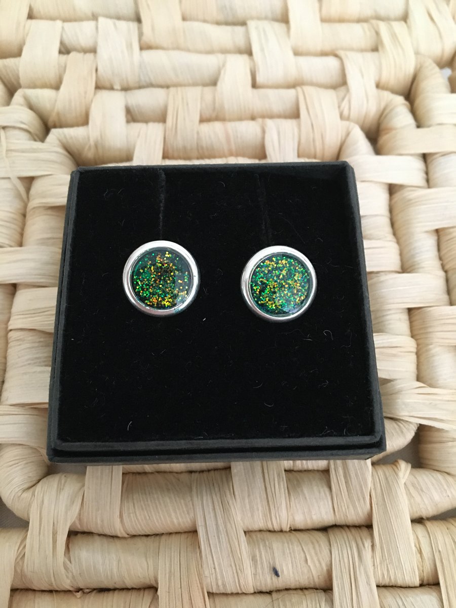 Pretty Gold and Green Centred Studs in a Silver tone setting