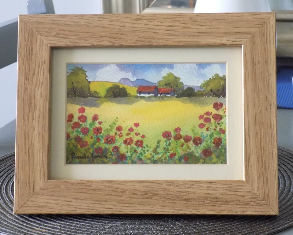 Cottage, Poppies, The Brecon Beacons, Original Watercolour in 7 x 5'' Frame