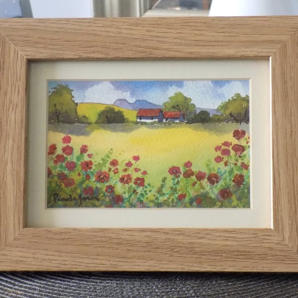 Cottage, Poppies, The Brecon Beacons, Original Watercolour in 7 x 5'' Frame
