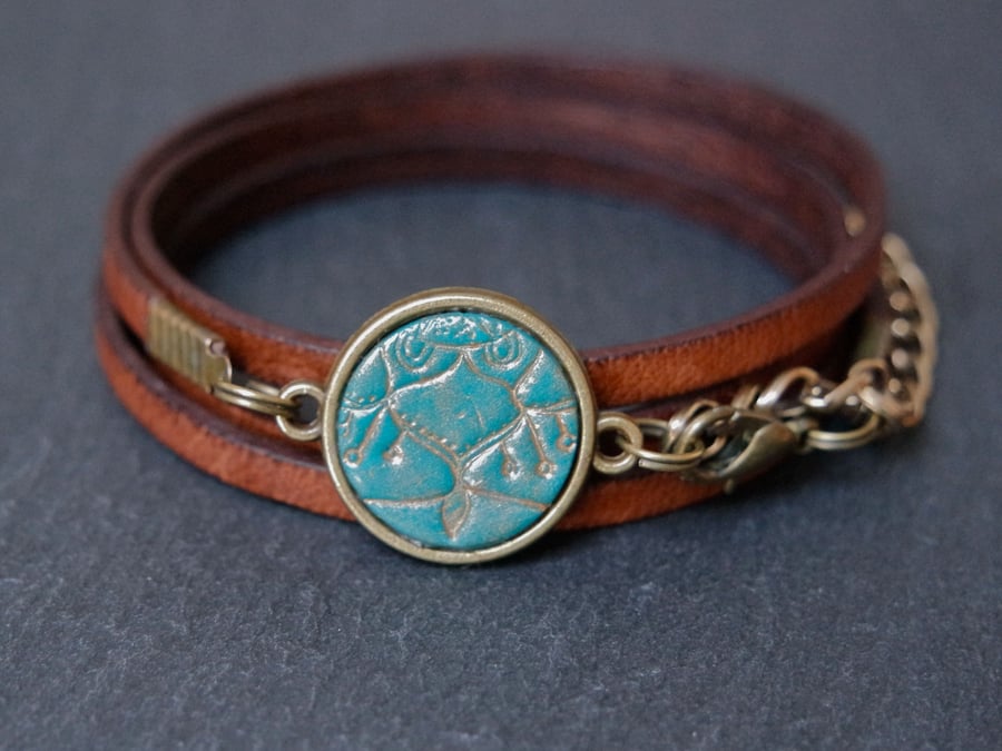 Leather bracelet - mandala floral lines turquoise brown