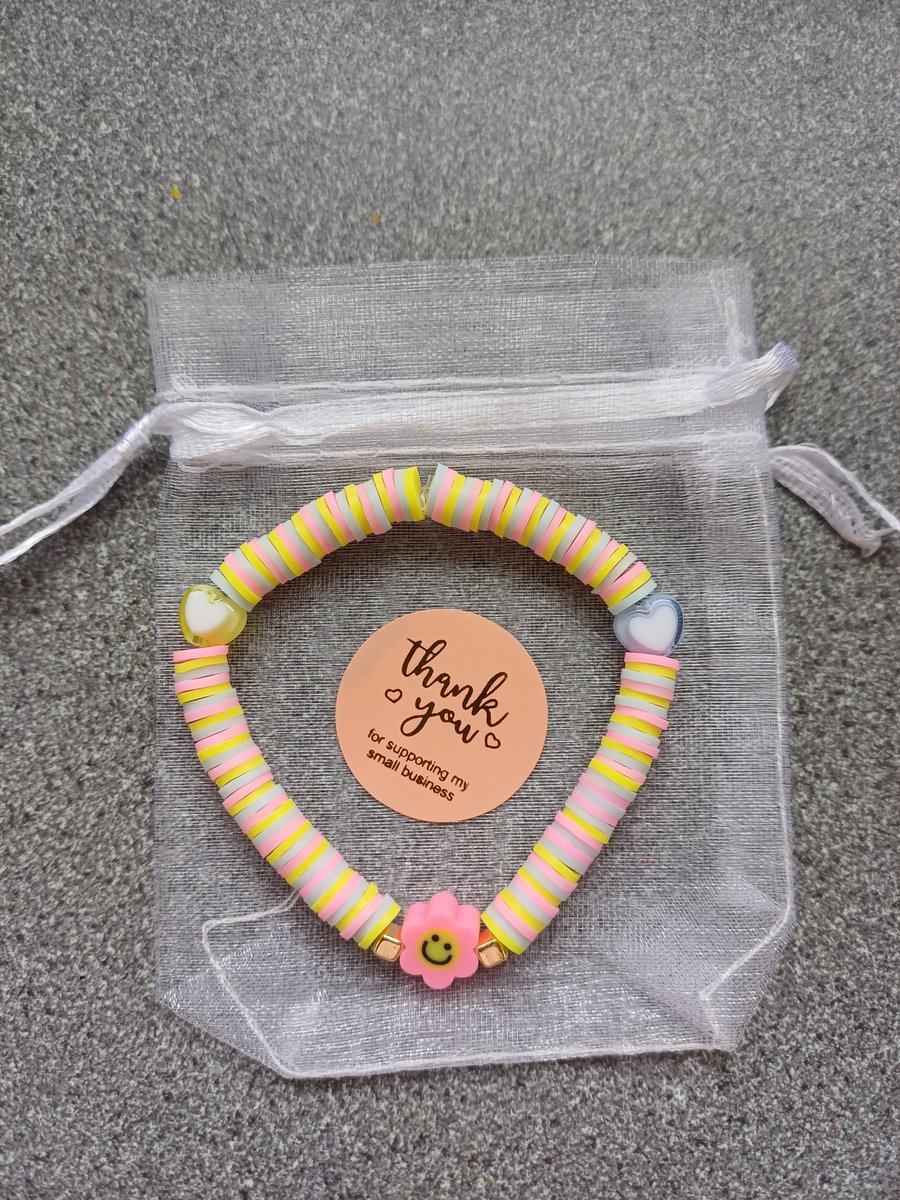 Pastel flower smiley face clay beaded bracelet, Preppy childrens bracelet,
