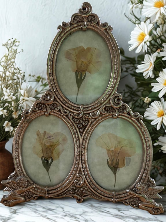 Pressed Primrose in a vintage silver plated triple frame