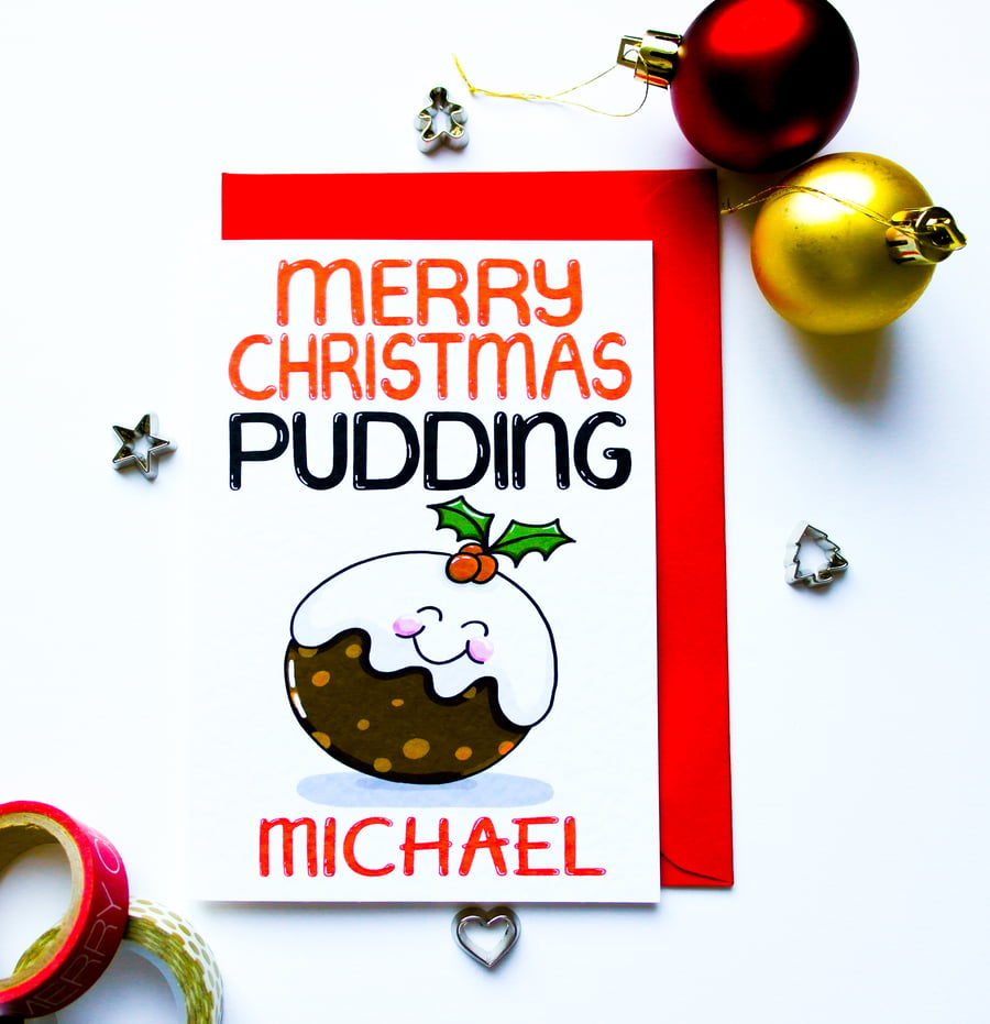 Personalised Christmas Pudding Xmas Card, For Niece, Nephew, Godson, Goddaughter
