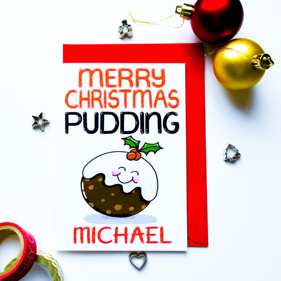 Personalised Christmas Pudding Xmas Card, For Niece, Nephew, Godson, Goddaughter