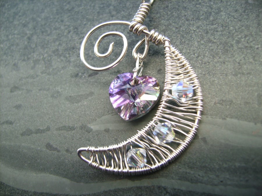 Silver Crescent  Moon Heart Wire Pendant Necklace