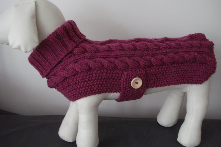 Small Knitted Dog Coat Jumper In A Lovely Dark Raspberry Aran (J110S)