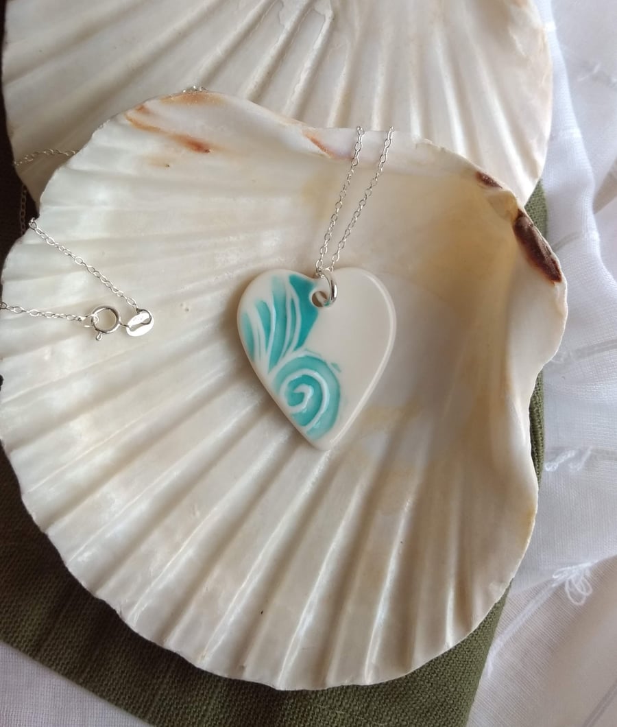 Porcelain Ceramic Heart Necklace, Turquoise Wave Design on Sterling Silver Chain