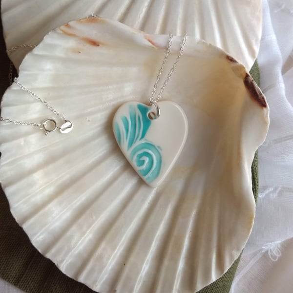 Porcelain Ceramic Heart Necklace, Turquoise Wave Design on Sterling Silver Chain