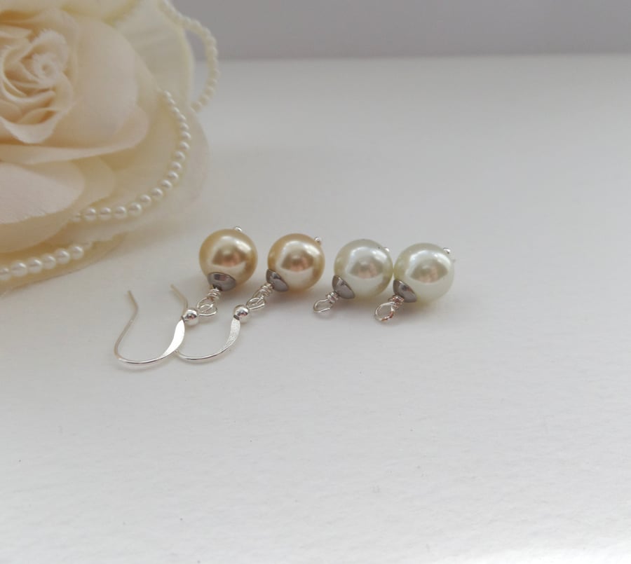 Cream Glass Pearl, Fish hook or Silver kidney Wire Earrings 