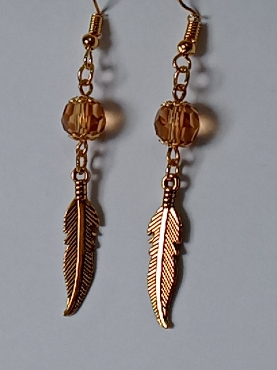 Antique Gold Feather Earrings with Precious Crystals - 6 closures to choose from