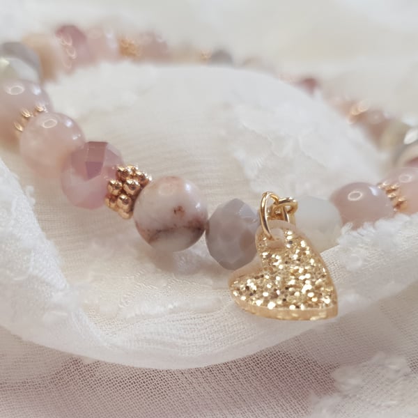 Elasticated Bracelet - Valentines - Taupe & Gold Mixed Bead - Glitter Heart 