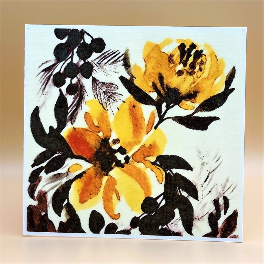 Blank Greetings Card, Yellow peony rose & dark leaves, Blank for own message. 
