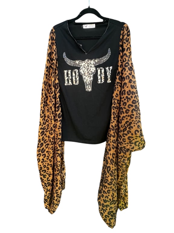 Upcycled Western Boho Cow Skull Howdy Animal Print Festival Top