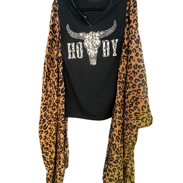 Upcycled Western Boho Cow Skull Howdy Animal Print Festival Top