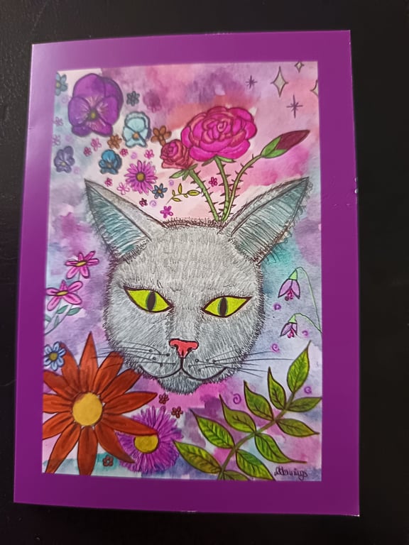 A6 blank greetings card: Grey Cat Amongst Flowers 