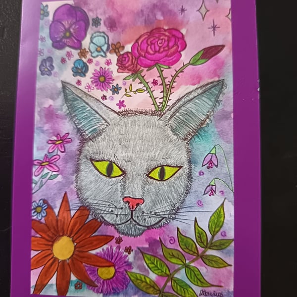 A6 blank greetings card: Grey Cat Amongst Flowers 