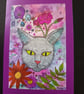 A6 blank greetings card: Grey Cat Amongst Flowers 