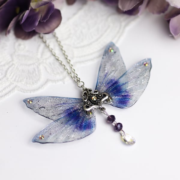 Fairy Wing Necklace Fancy Purple Beaded Fairycore Cottagecore Boho Fairy Gift