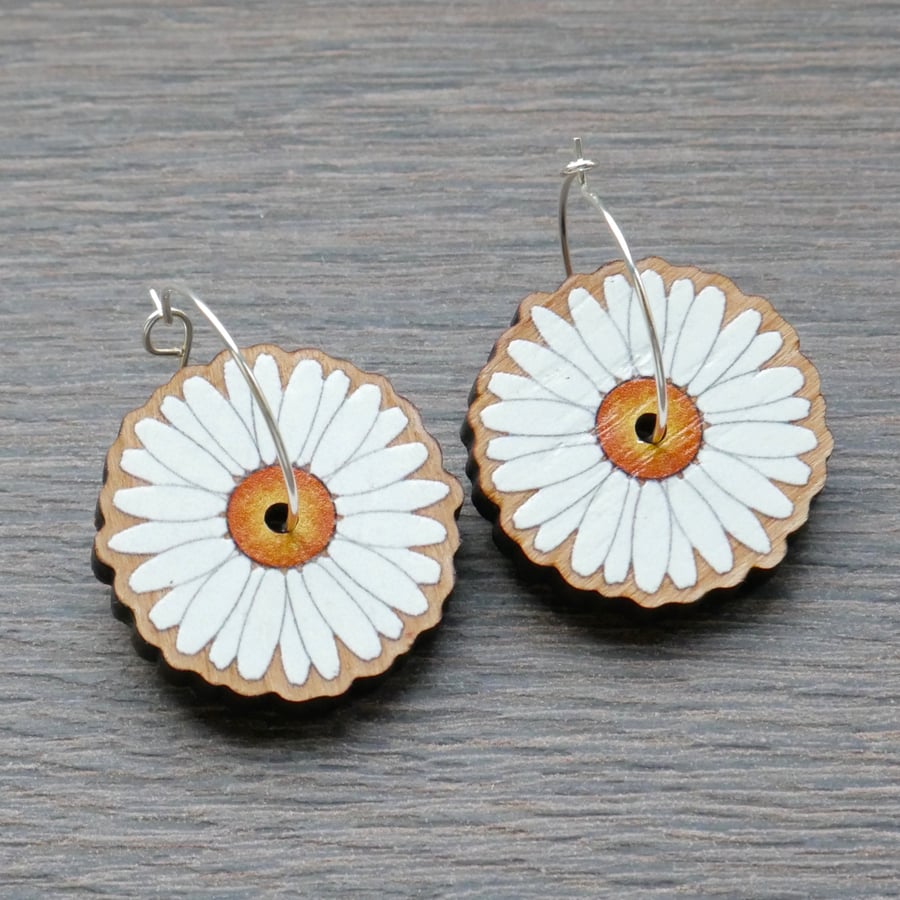 White Daisy Charm Hoop Dangle Earrings