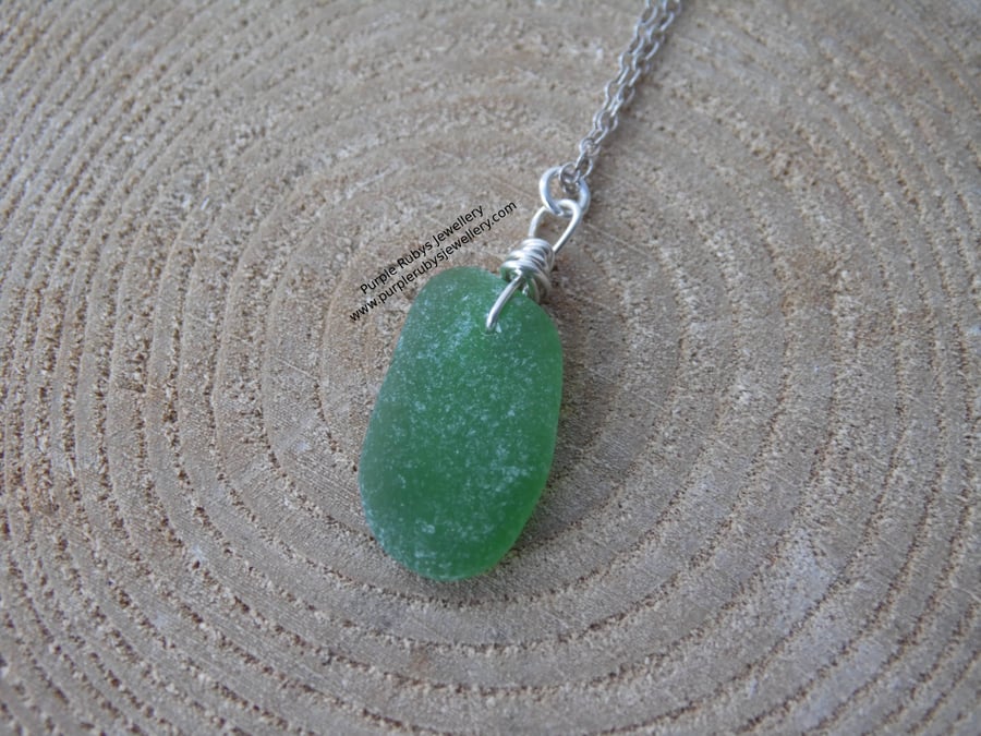 Bright Green Cornish Sea Glass Necklace, Sterling Silver N596