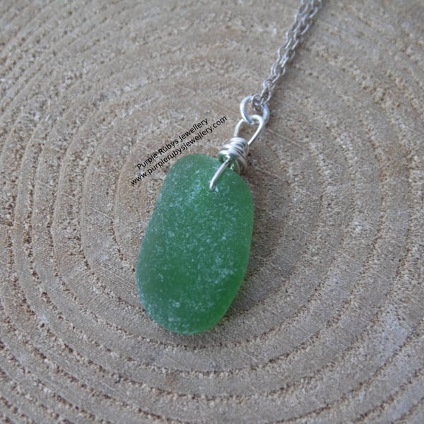 Bright Green Cornish Sea Glass Necklace, Sterling Silver N596