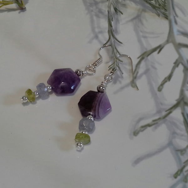 Amethyst, Tanzanite & Peridot Silver Plate Earrings