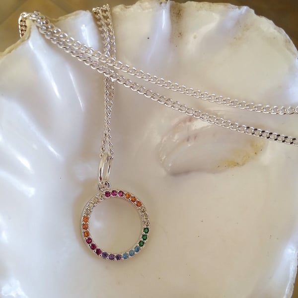 Silver Plate Rainbow Cubic Zirconia Crystal Circle Pendant & Chain 18 inch