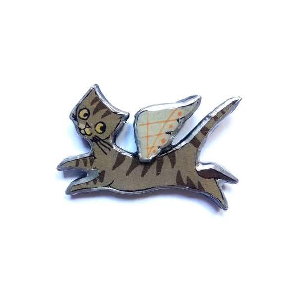 Wonderfully Whimsical Flying Angel Tabby Cat Resin Brooch by EllyMental