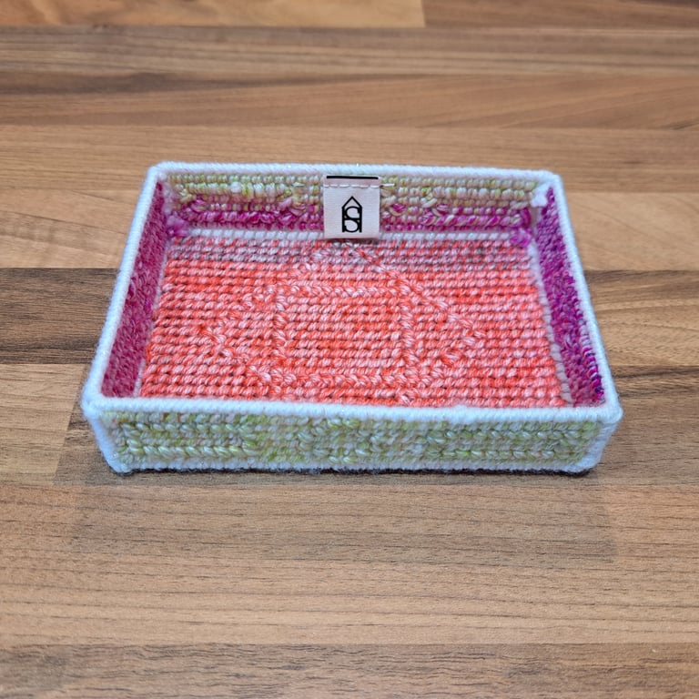 Desk tray for small items - pink, green, and red with geometric motifs
