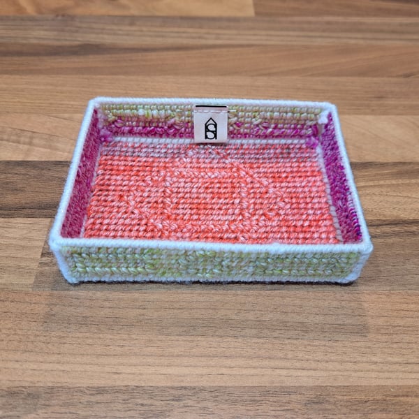 Desk tray for small items - pink, green, and red with geometric motifs